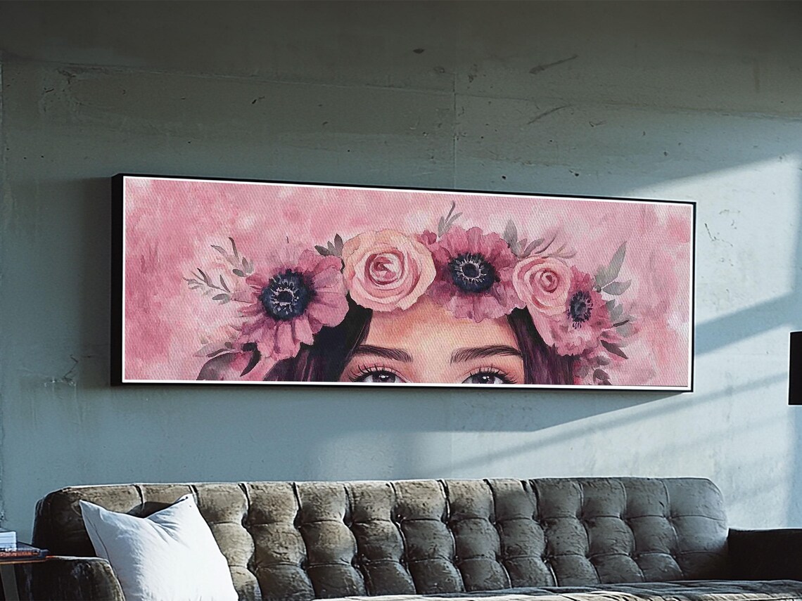Blush Floral Crown Goddess Pink Rose Watercolor Portrait Wall Art - Image 6