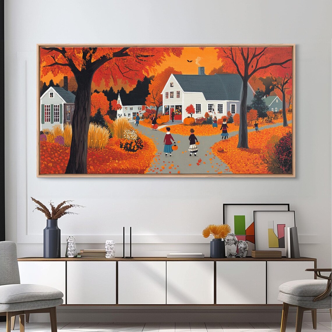 Folk Art Autumn Village Children Pumpkins Orange Trees Fall Poster - Image 4