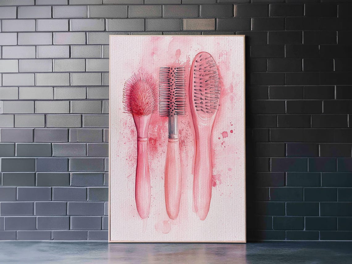 Pink Hairbrushes Watercolor Beauty Salon Chic Feminine Wall Art