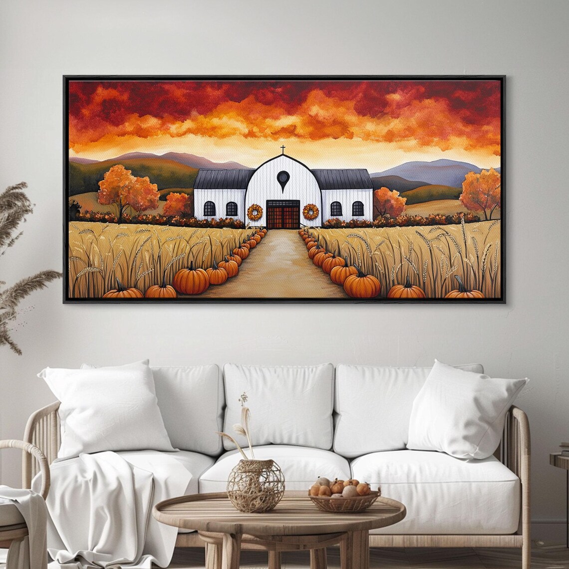 White Barn With Pumpkin Lined Path Wheat Fields Fiery Sunset Fall Wall Poster