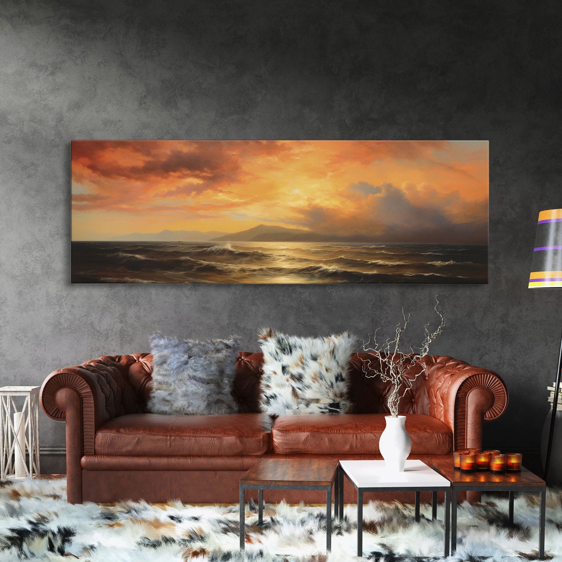 Vintage Seascape Oil Painting Sunset Ocean Waves Panoramic Wall Poster - Image 4