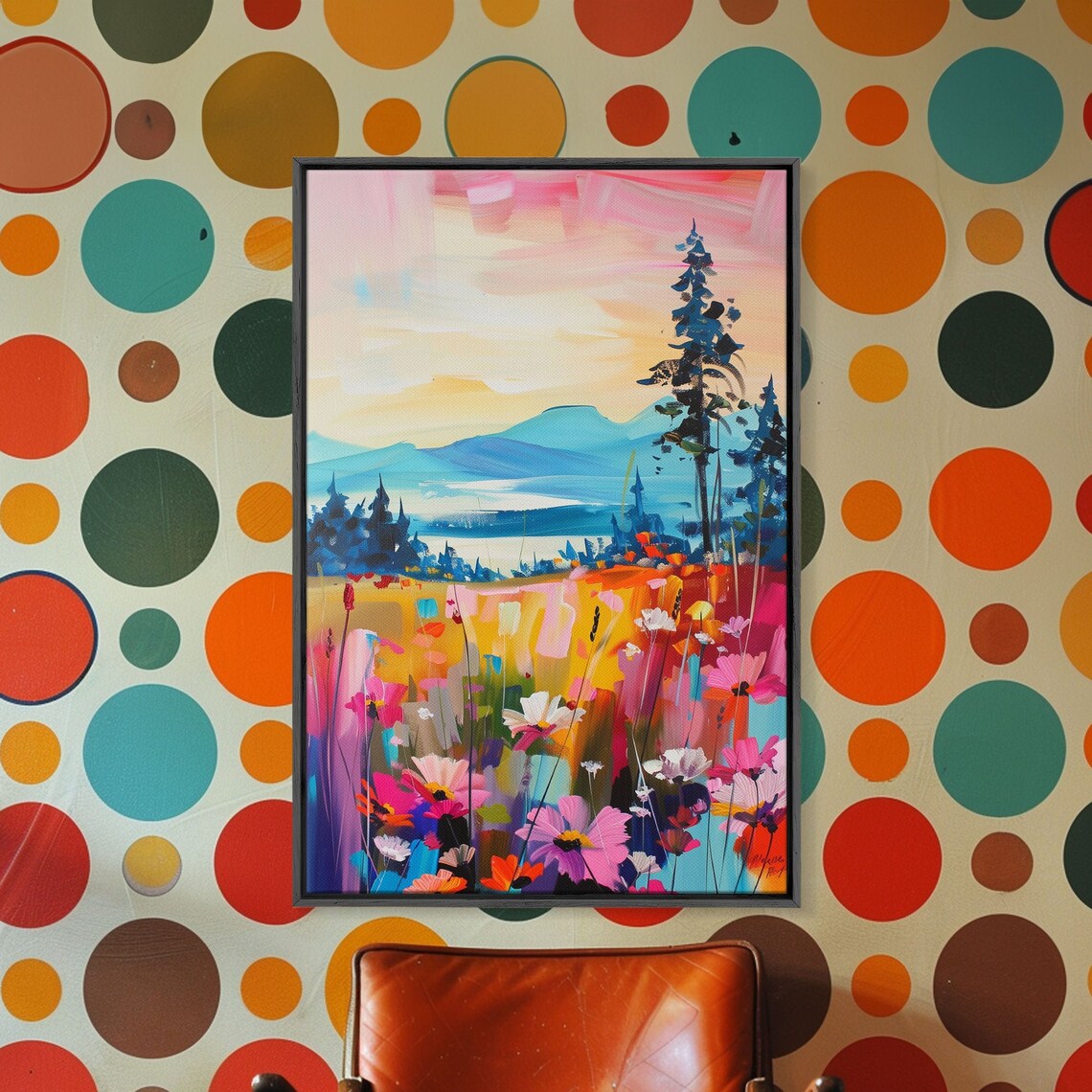 Sunset Wildflower Meadow Mountain Lake Colorful Nature Art Poster - Image 3