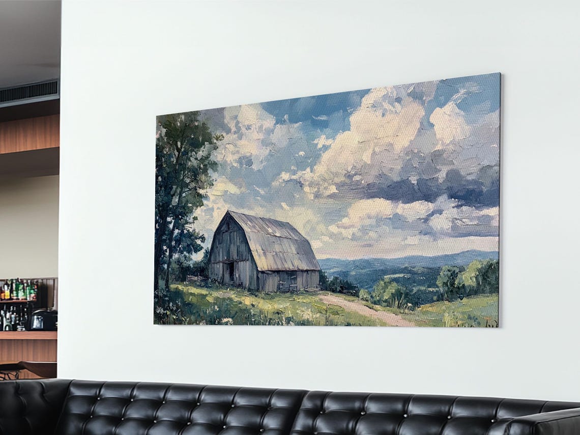 Rustic Old Barn Hilltop Panoramic Countryside Cloudy Sky Art Print - Image 4