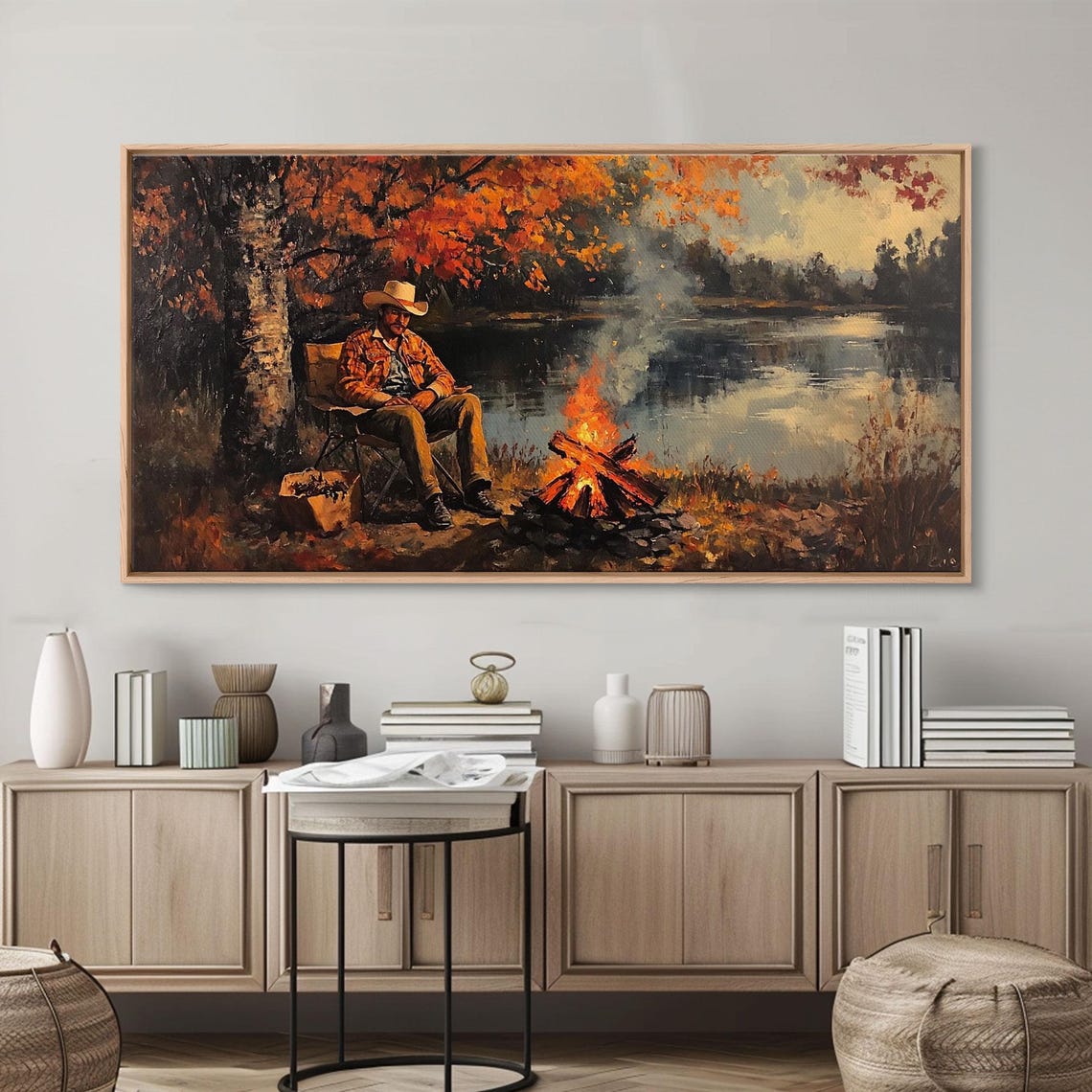 Cowboy Campfire Autumn Lake Rustic Western Landscape Painting Poster