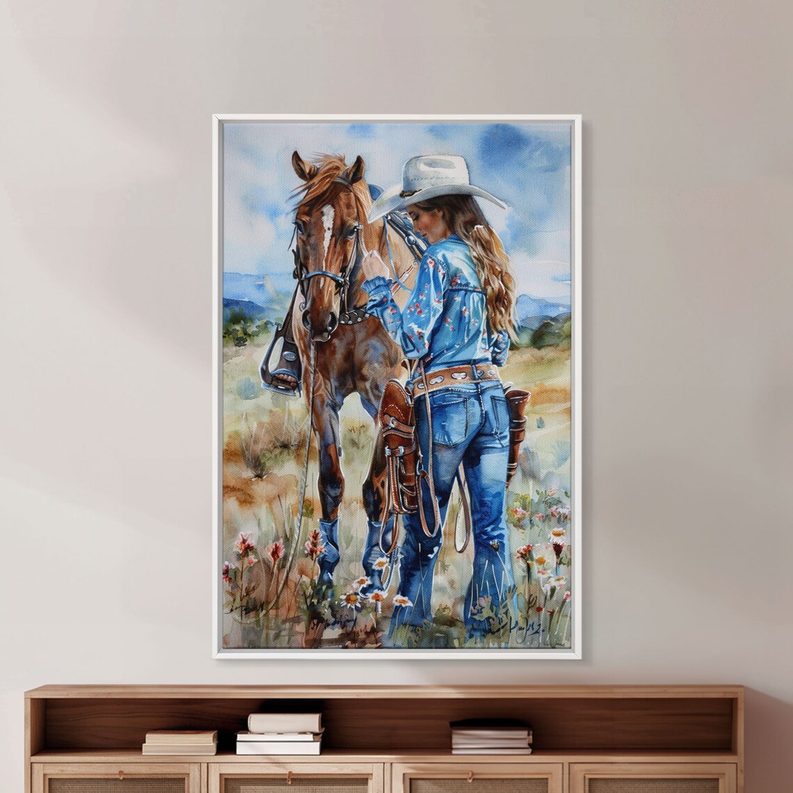 Cowgirl Standing Beside Horse In Wildflower Field Art Poster