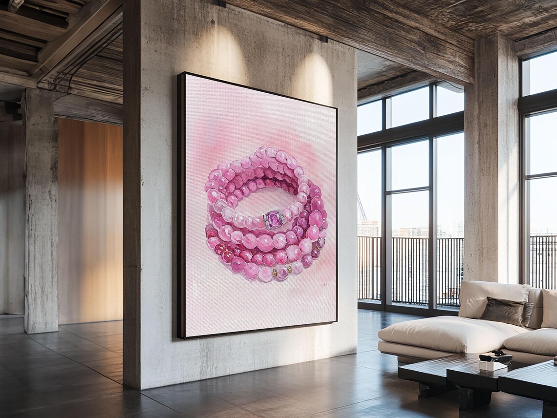 Pink Beaded Bracelet Watercolor Gemstone Jewelry Art Room Poster - Image 6