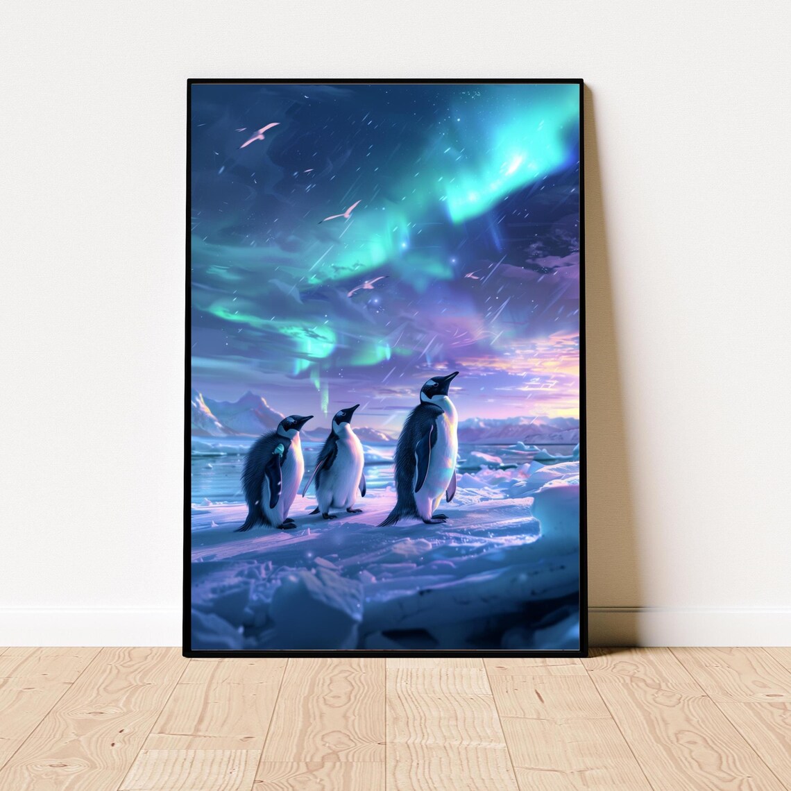 Penguins Under Northern Lights Aurora Night Snowy Arctic Art Poster