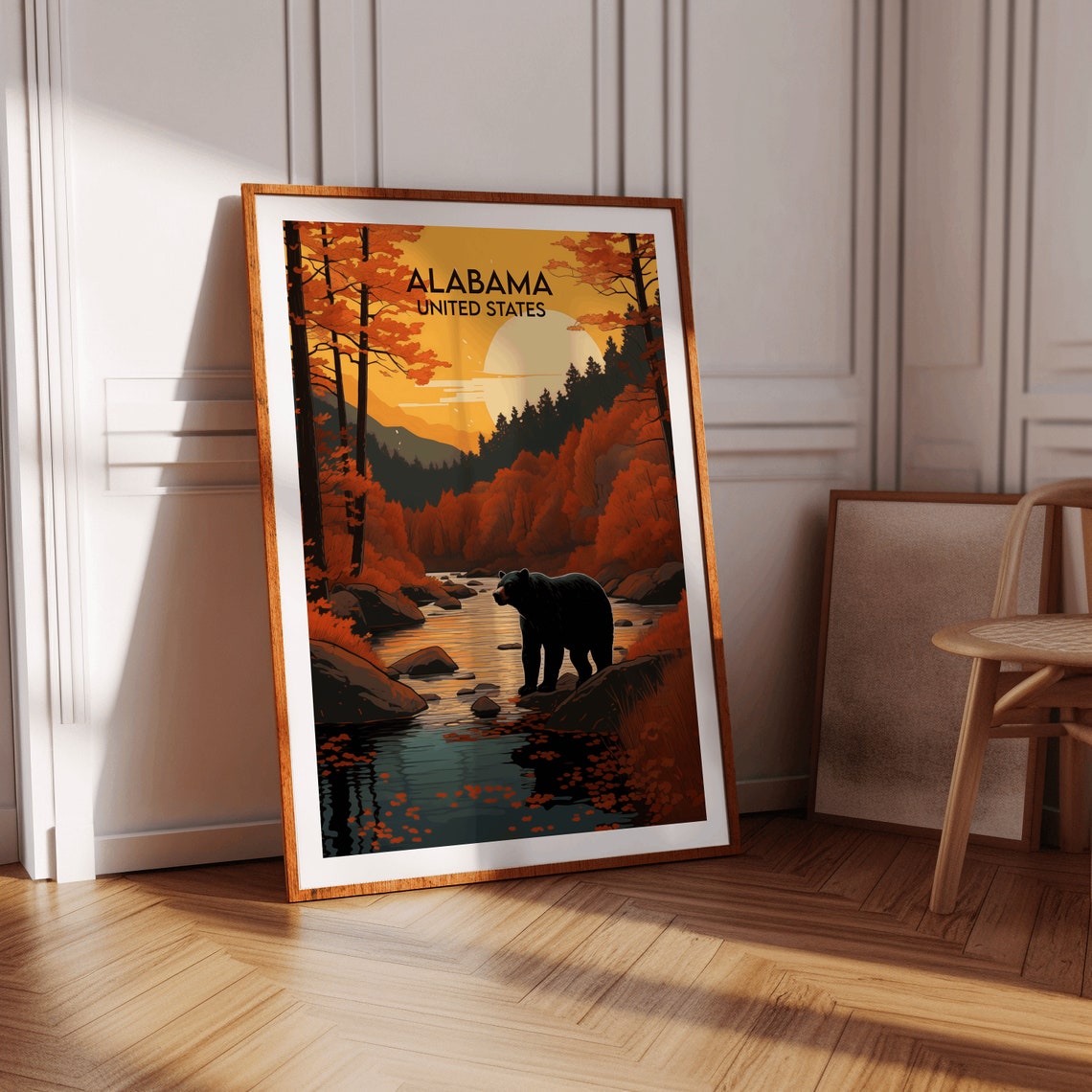 Alabama United States Black Bear Autumn River Scene Travel Poster - Image 2