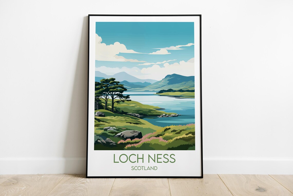Loch Ness Scotland Green Hills Lake Illustrated Travel Art Poster
