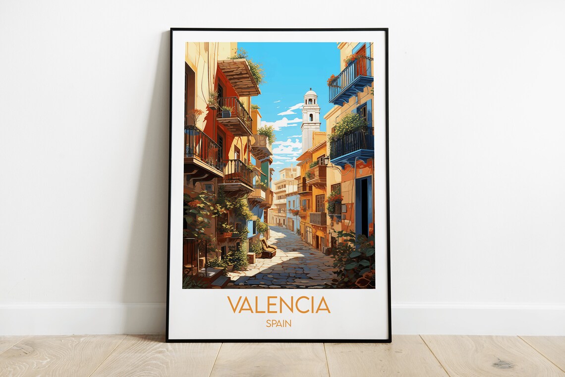 Valencia Spain Old Town Street Church Tower Sunny Travel Poster