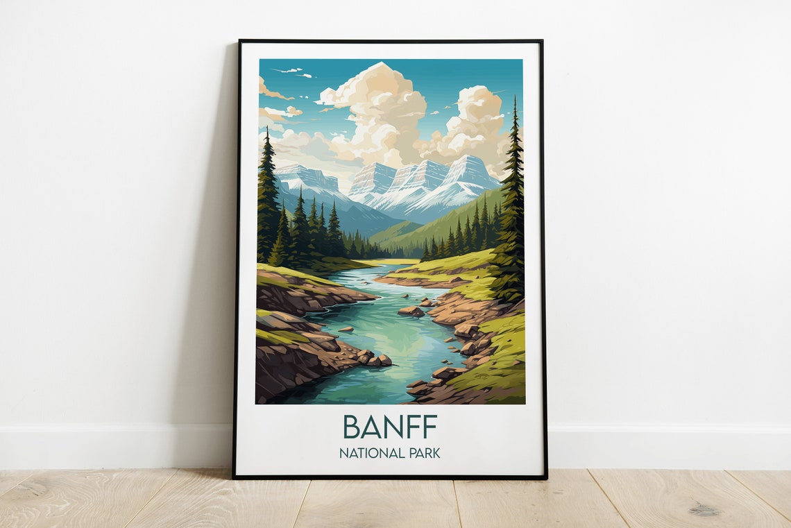 Banff National Park Pine River Mountain Valley Retro Travel Poster