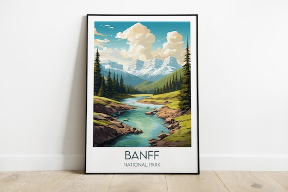 Banff National Park Pine River Mountain Valley Retro Travel Poster
