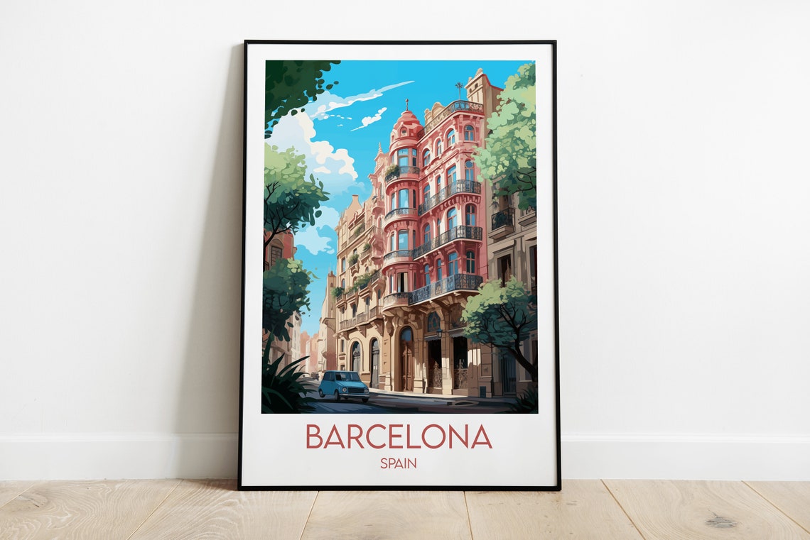 Barcelona Spain Ornate Facade Balconies Classic Car Travel Poster