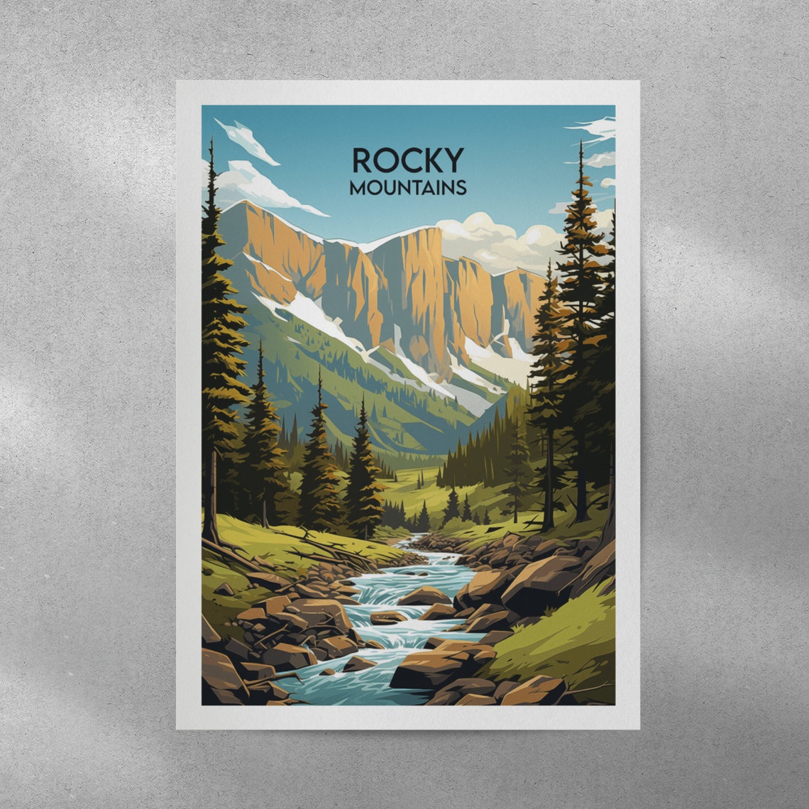 Rocky Mountains Golden Cliff Valley Stream Nature Travel Poster - Image 4