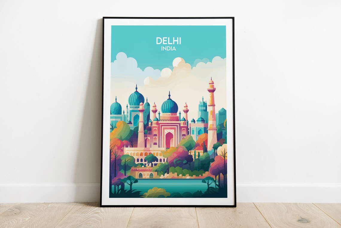 Delhi India Travel Poster Onion Domes Minarets Jewel Tone Cityscape