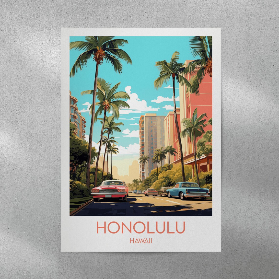 Honolulu Hawaii Palm Lined Street Classic Cars Retro Travel Poster - Image 3