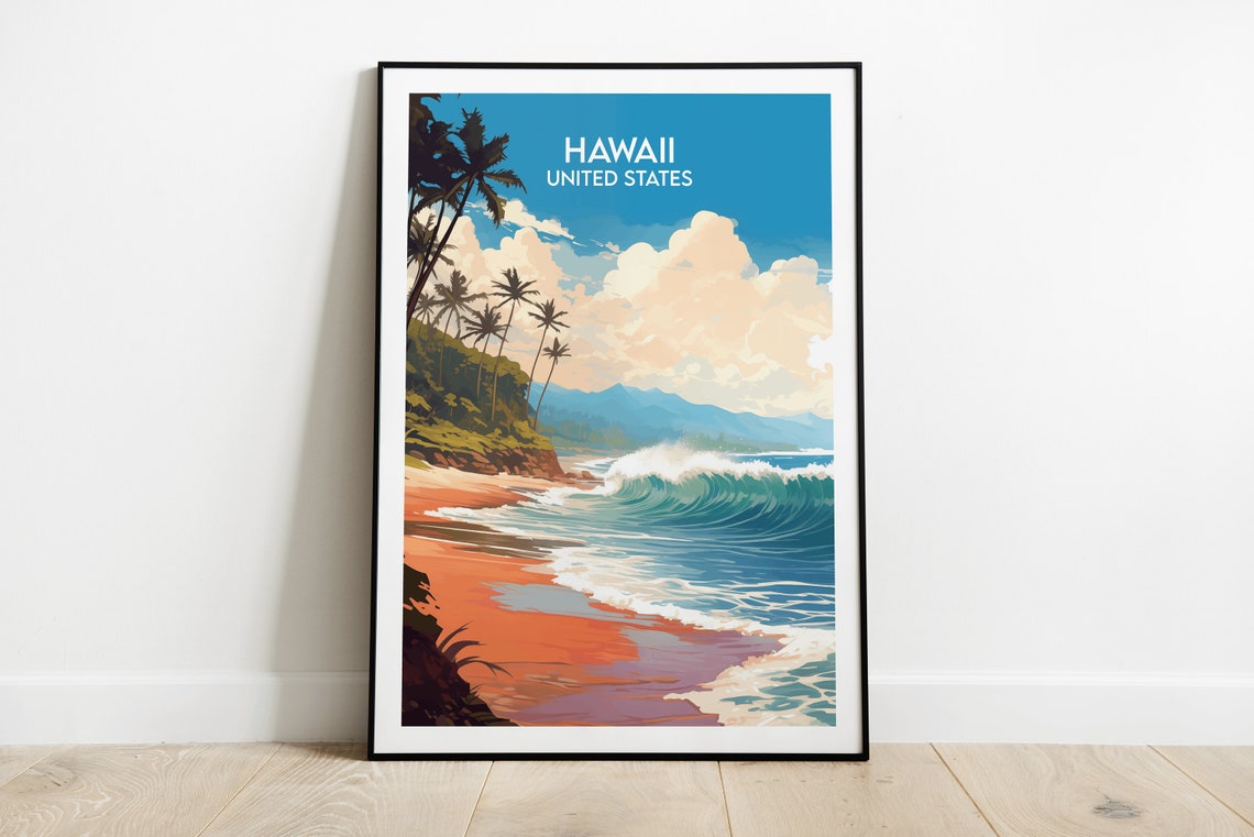 Hawaii United States Tropical Beach Palm Trees Waves Travel Poster