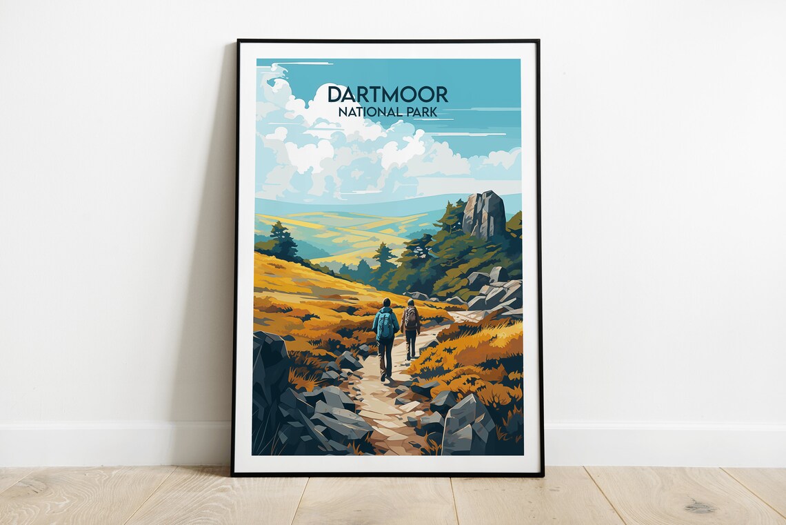 Golden Dartmoor National Park England Hikers Moorland Trail Poster