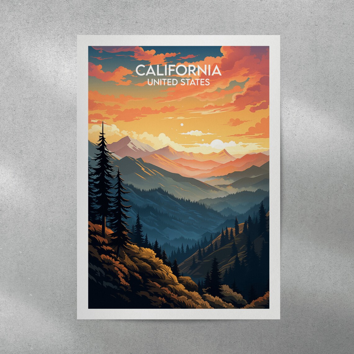 California United States Mountain Sunset Layers Retro Travel Poster - Image 3
