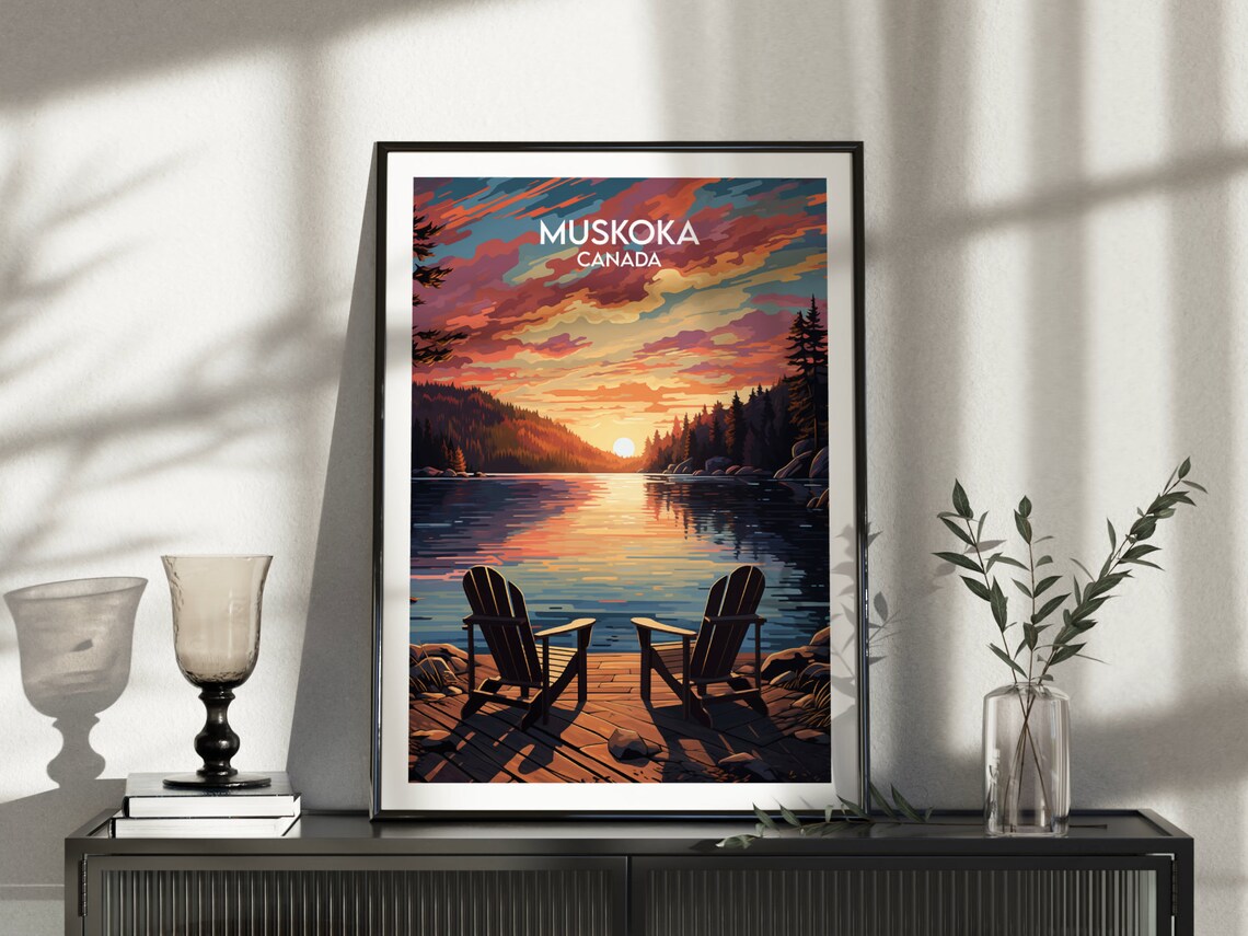 Muskoka Canada Travel Poster Sunset Lake Adirondack Chairs Artwork - Image 4