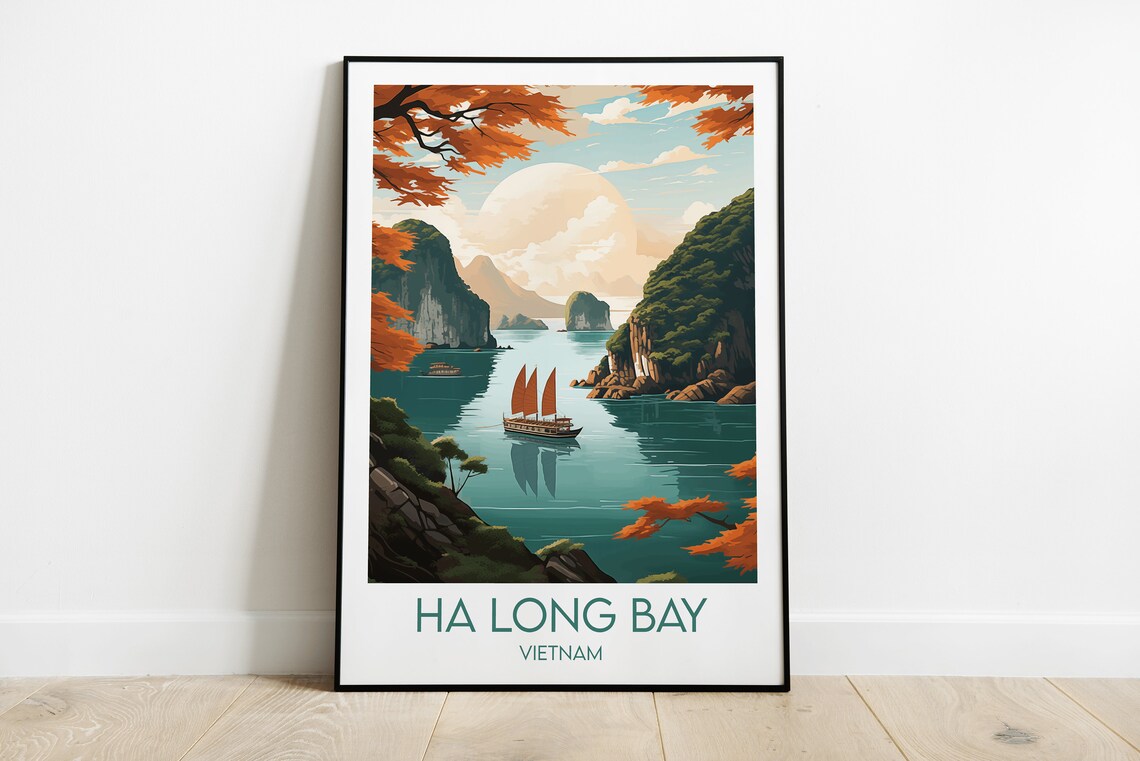 Ha Long Bay Vietnam Travel Poster With Sailing Junk Boat Among Karsts
