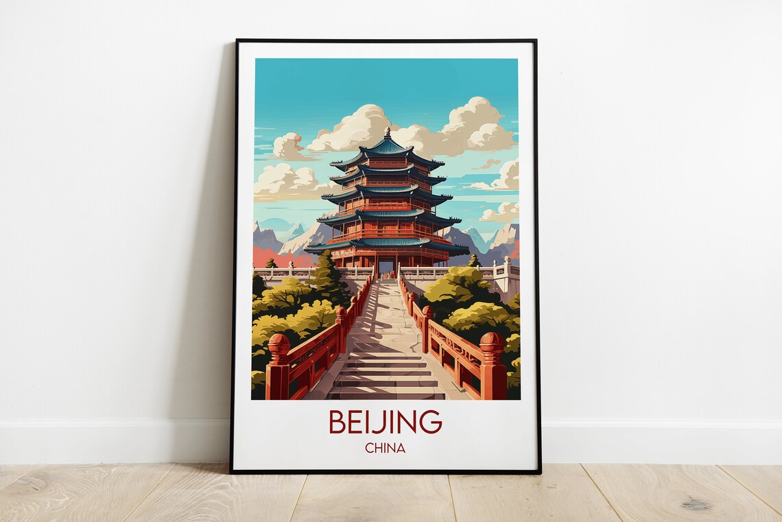 Beijing China Imperial Red Pagoda and Mountains Travel Poster