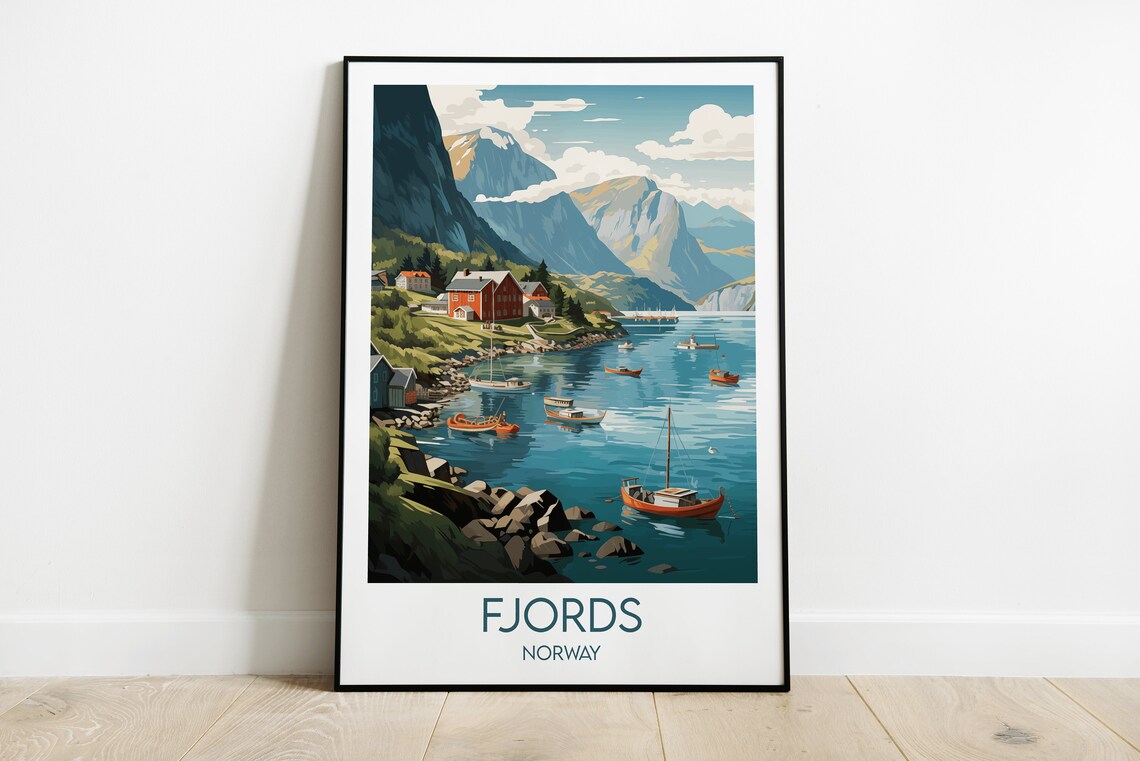 Norwegian Fjords Norway Red Fishing Cabins Harbor Travel Poster
