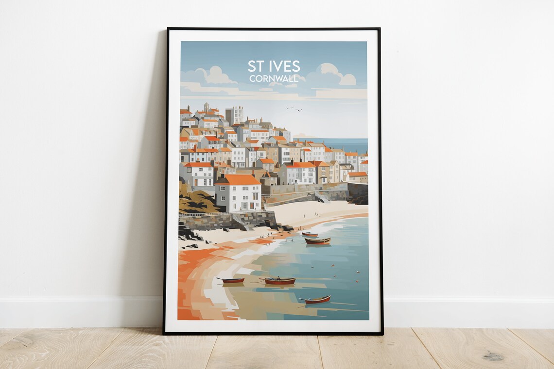 St Ives Cornwall Harbor Beach Fishing Boats Retro Travel Poster