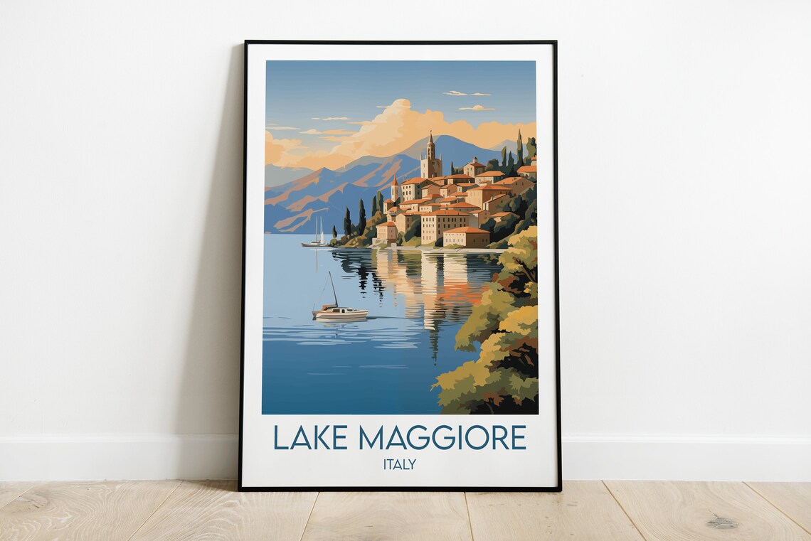 Lake Maggiore Italy Golden Hour Lakeside Town Vintage Travel Poster