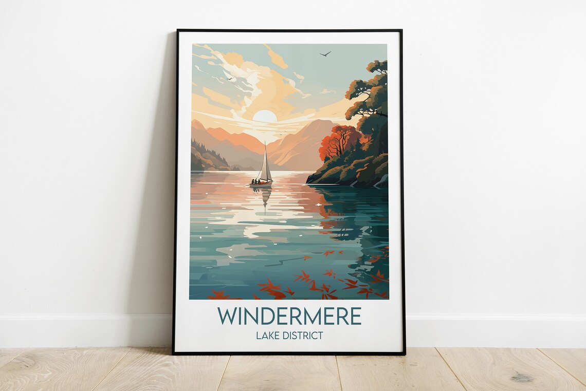 Windermere Lake District Sailboat Sunset Lake Scene Travel Art Poster
