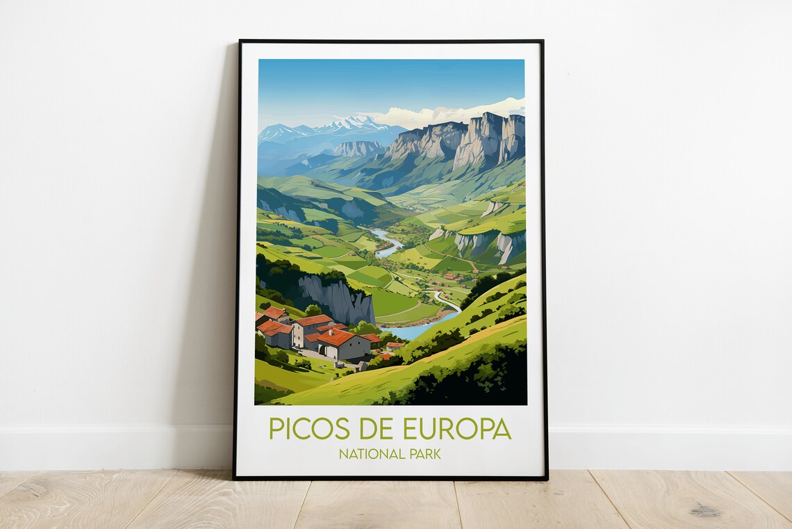 Picos De Europa National Park Retro Mountain Village Travel Poster