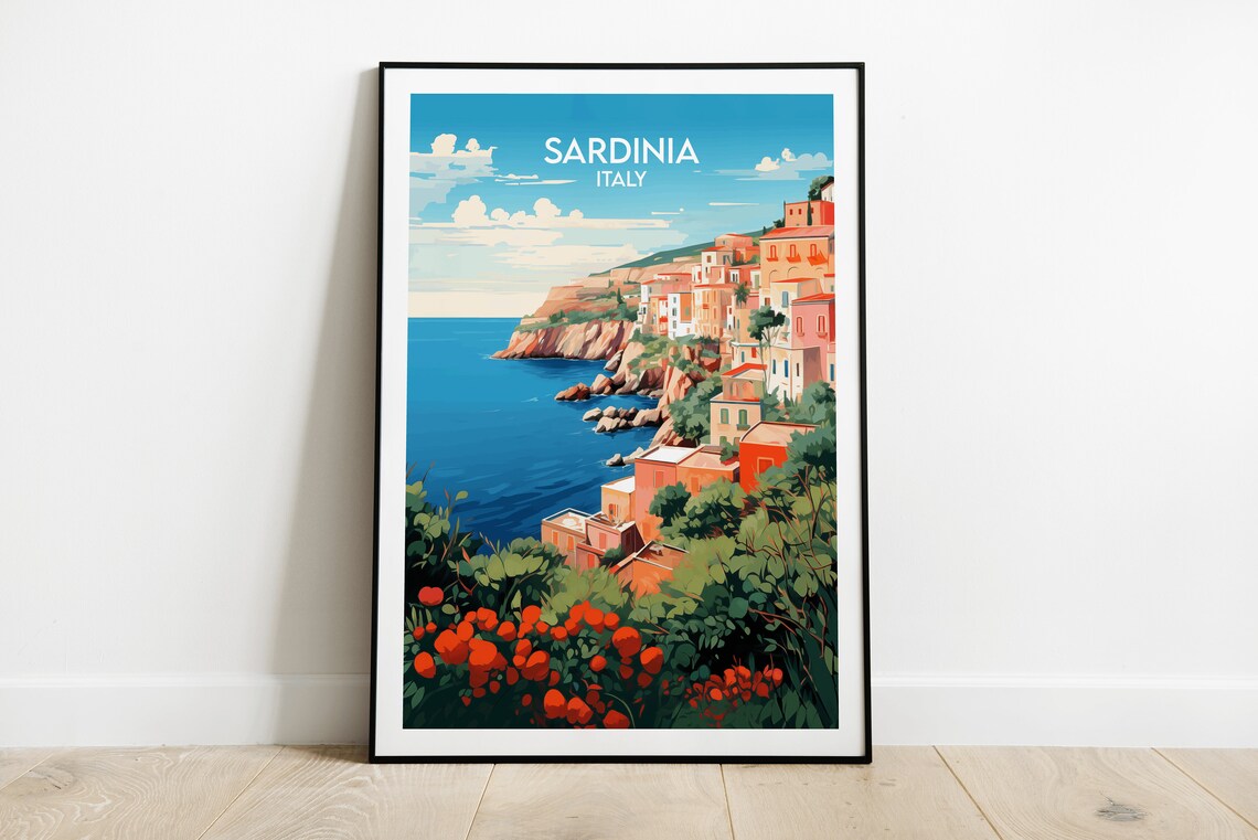Sardinia Italy Travel Poster Colorful Coastal Town Over Blue Sea View