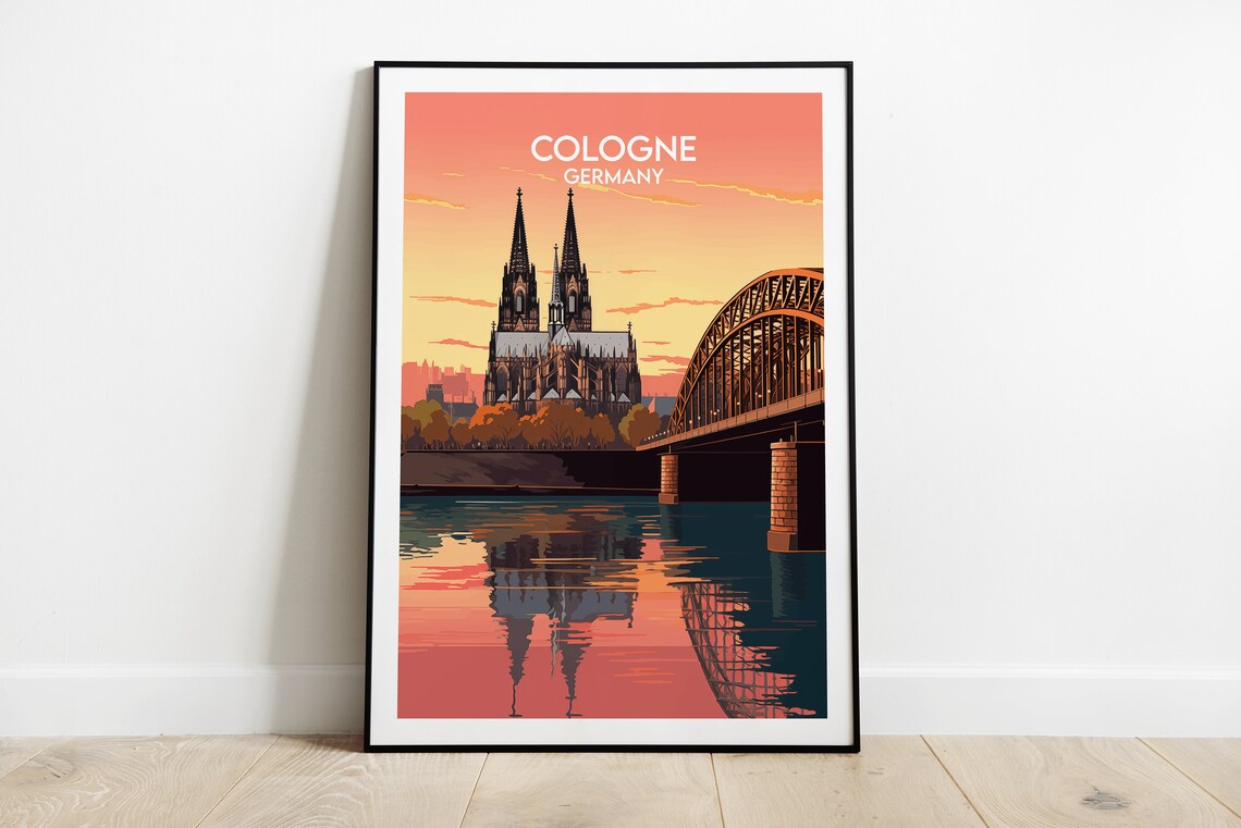 Cologne Germany Sunset Cathedral And Bridge Retro Travel Poster