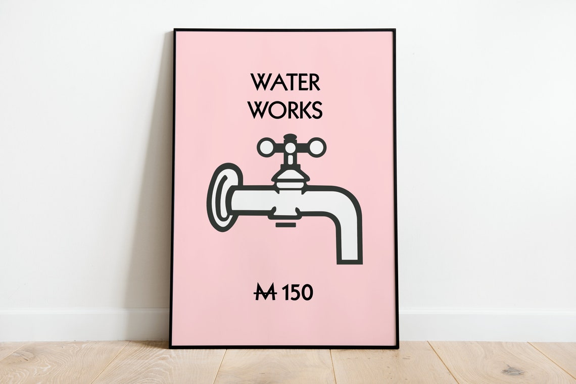Water Works Pink Monopoly Inspired Card Bathroom Funny Poster