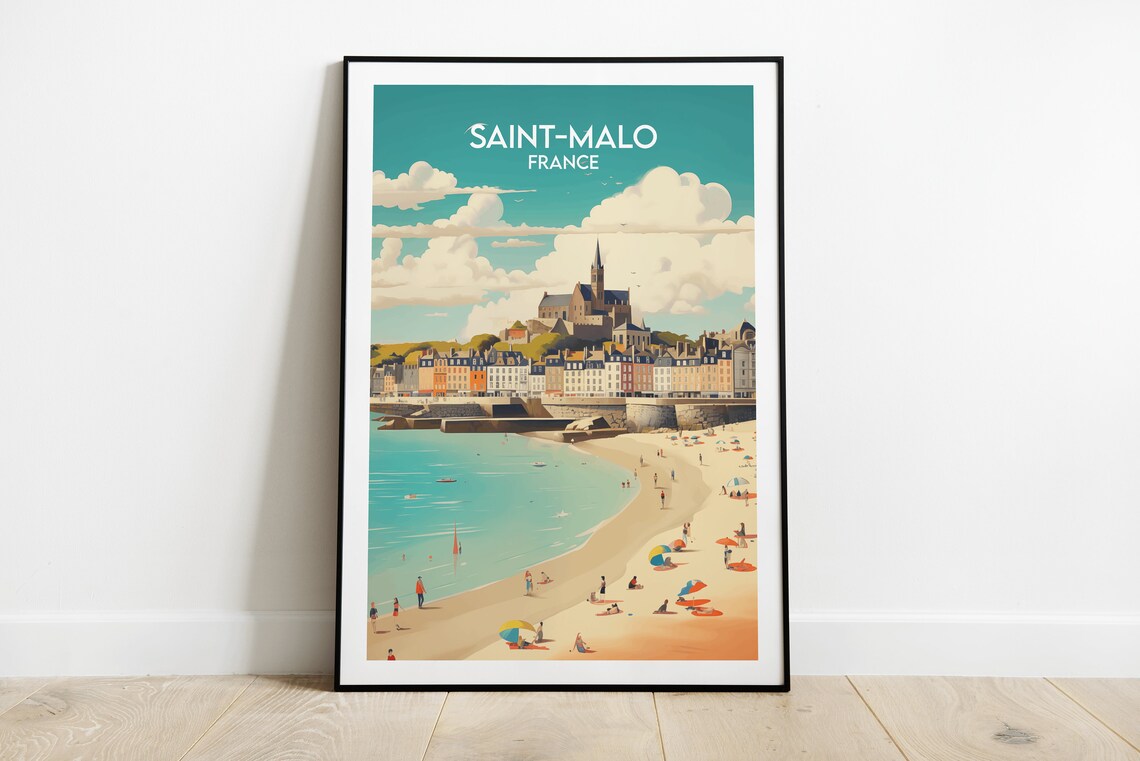 Saint-Malo France Beach Old Town Cathedral Seaside Travel Poster