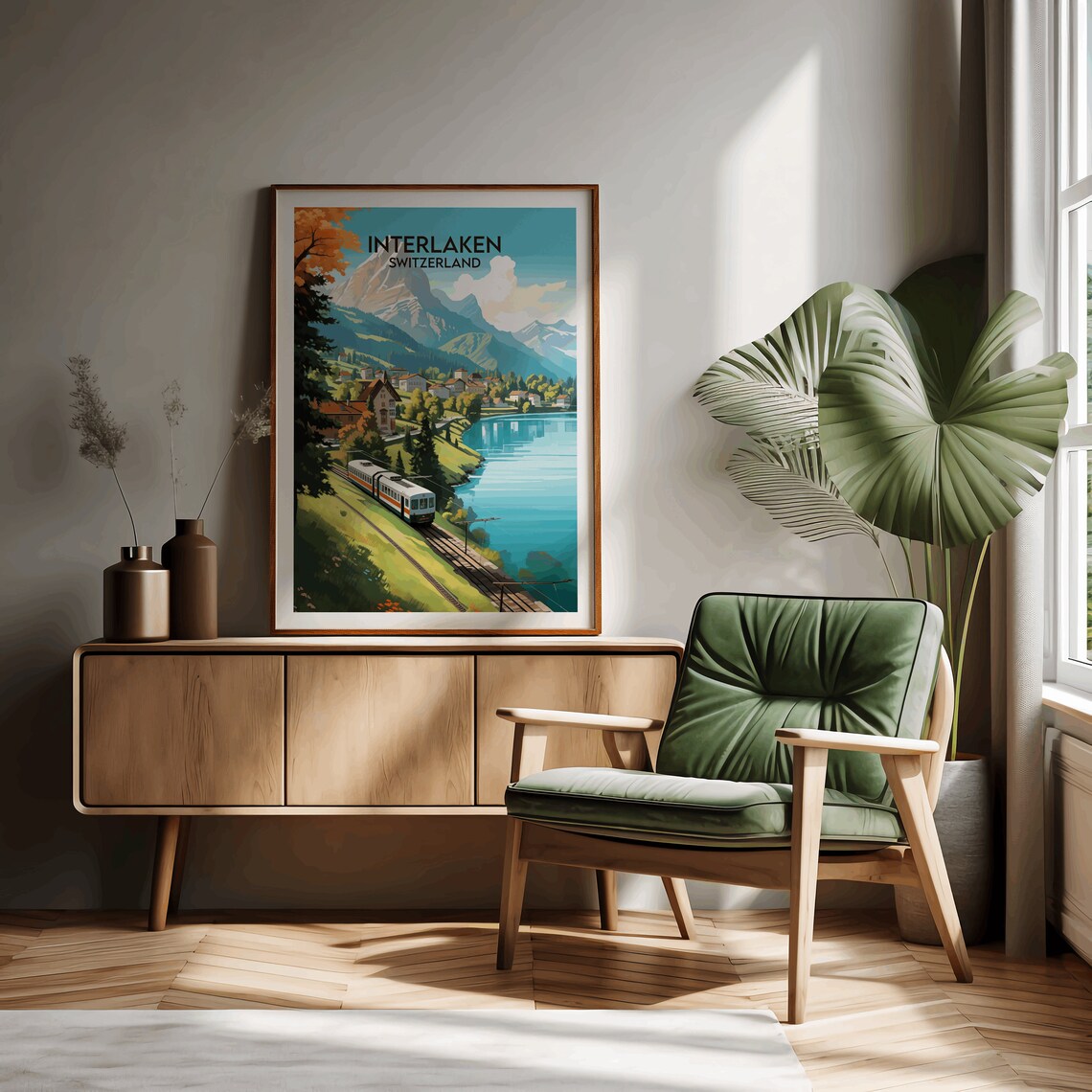 Interlaken Switzerland Alpine Train and Lake View Vintage Style Poster - Image 2