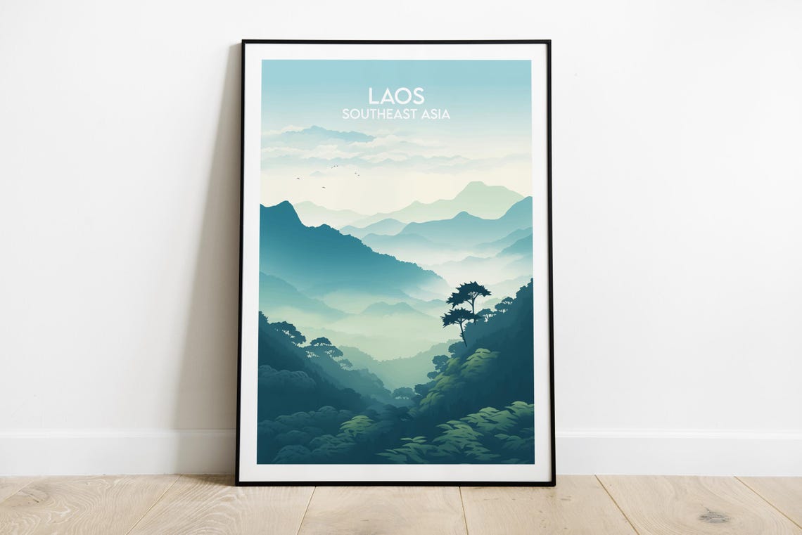 Laos Misty Teal Mountain Valleys Southeast Asia Travel Poster