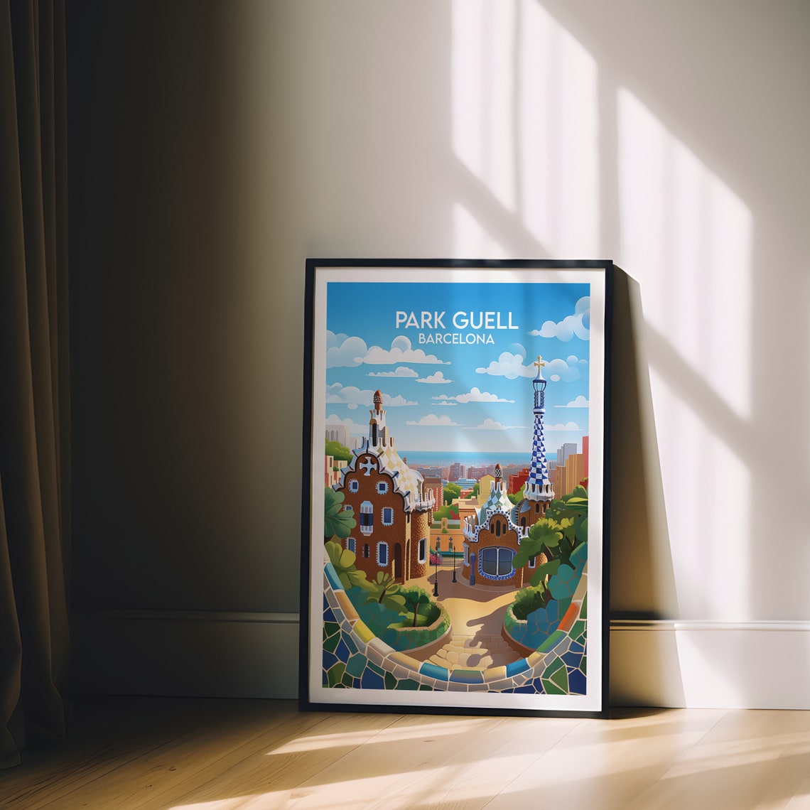 Park Guell Barcelona Gaudi Mosaic Gatehouse Gardens City Travel Poster - Image 2