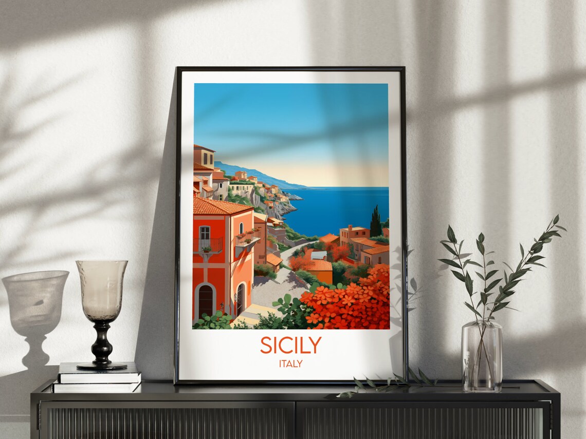 Sicily Italy Seaside Village Terracotta Rooftops Travel Poster Art - Image 5