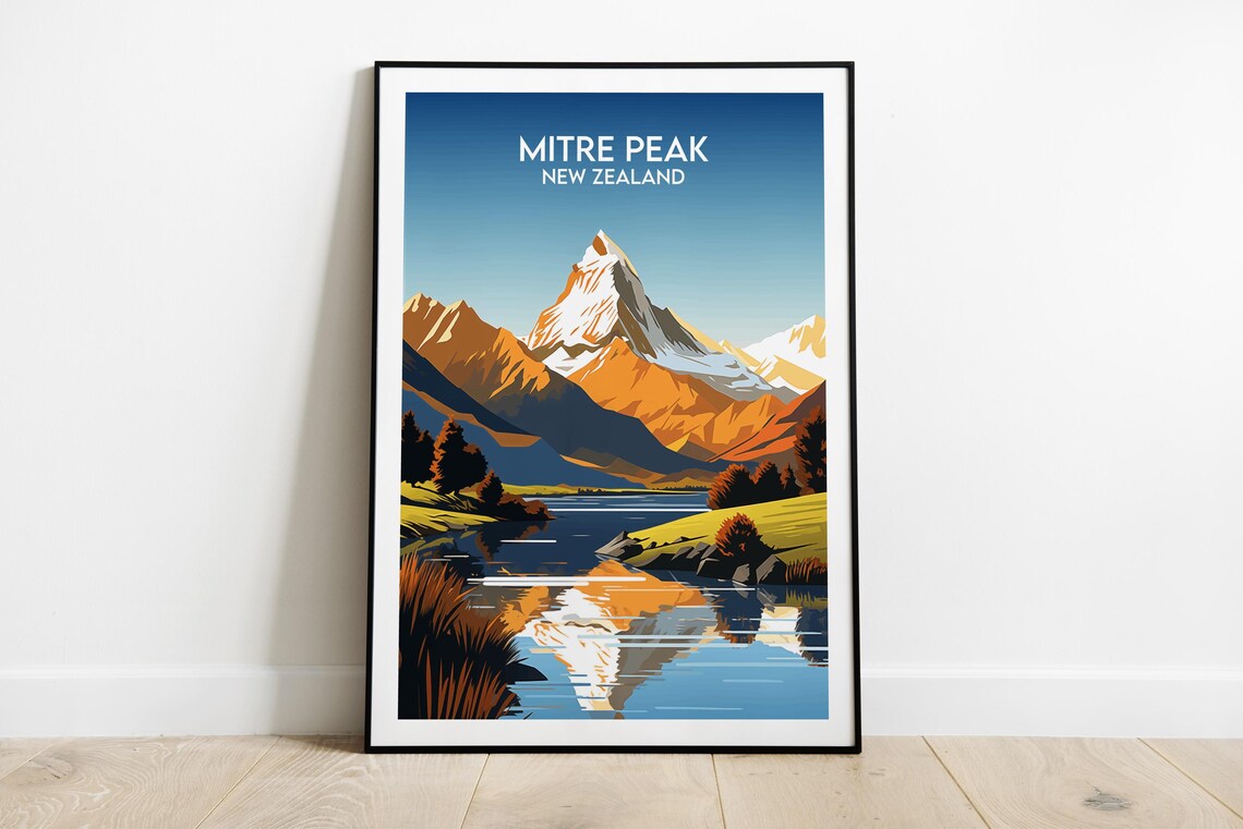 Mitre Peak New Zealand Golden Mountain Lake Reflection Poster
