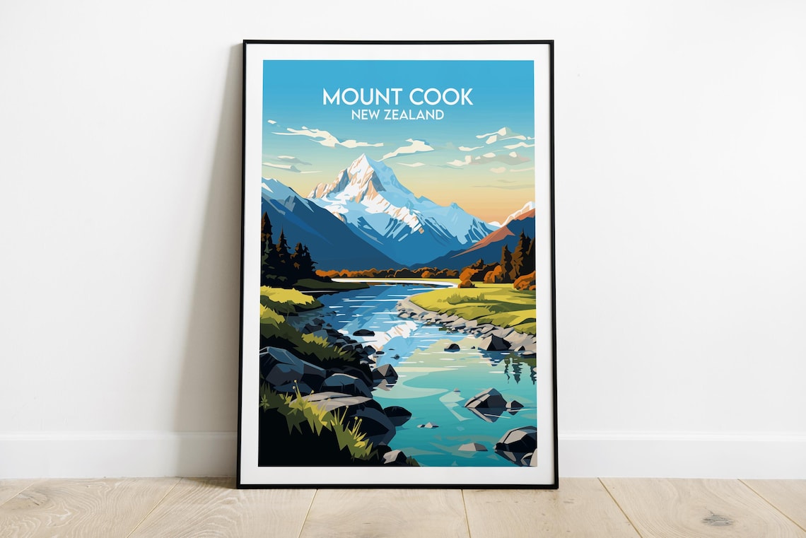 Mount Cook New Zealand Alpine River Sunset Travel Art Poster