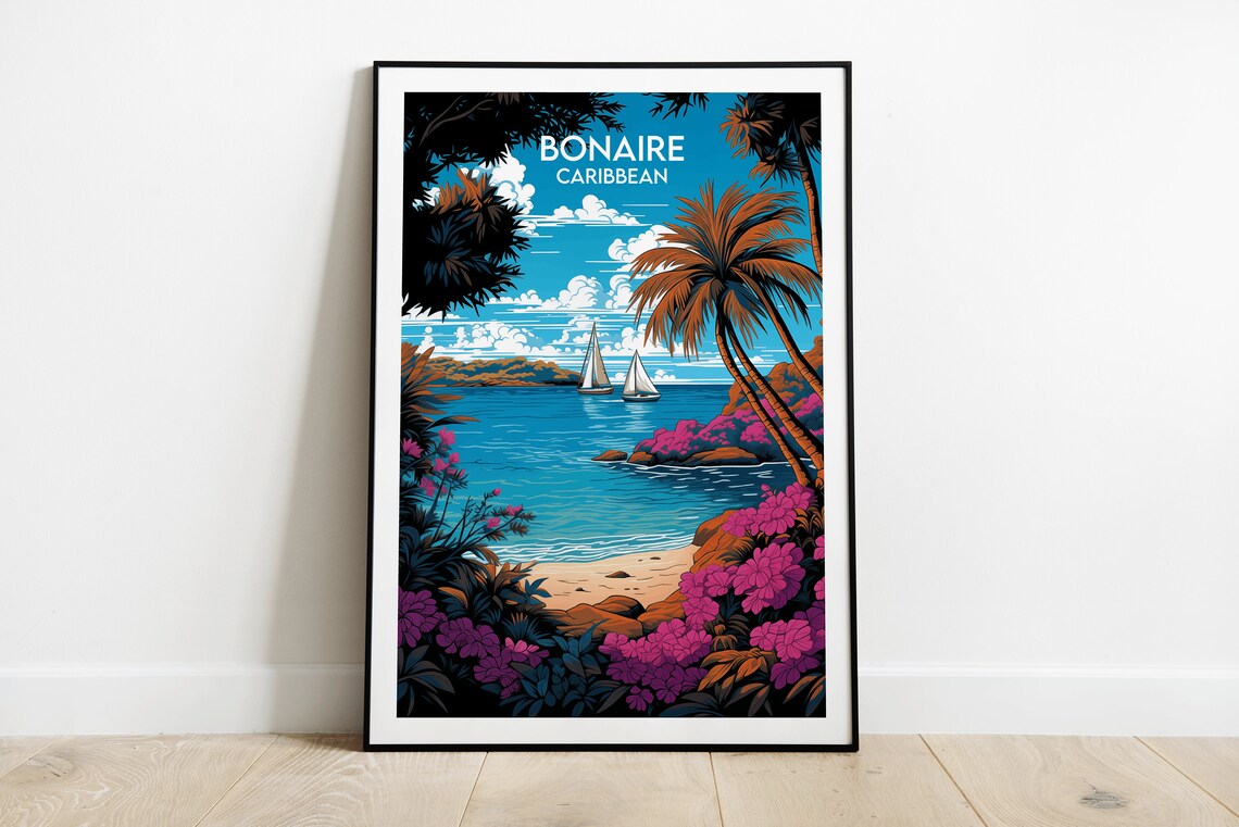Bonaire Caribbean Sailboats Bay Bougainvillea Sailing Travel Poster