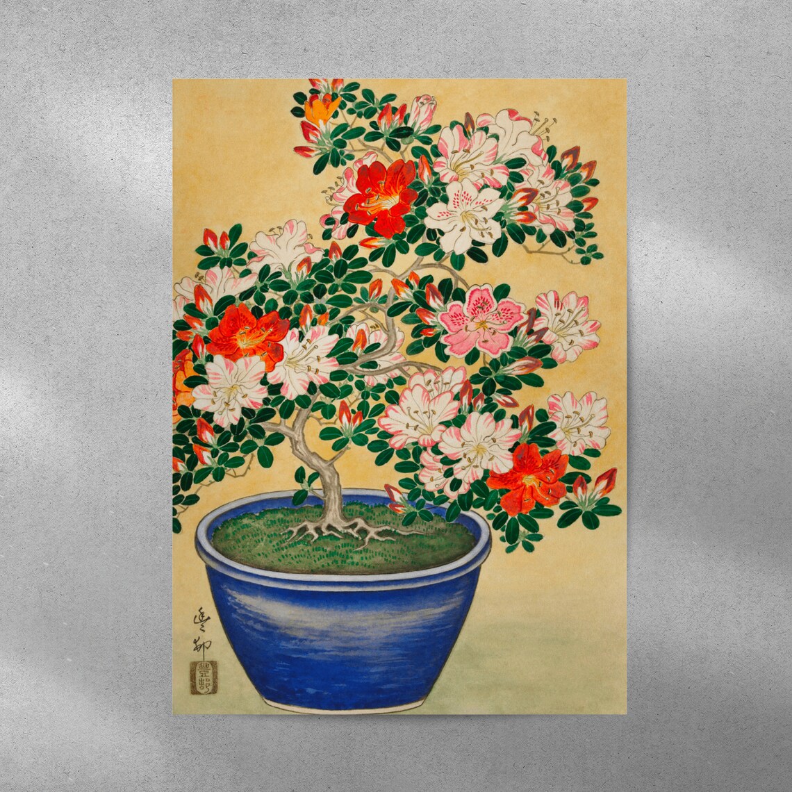 Blooming Azalea Bonsai in Blue Pot Japanese Woodblock Poster - Image 4