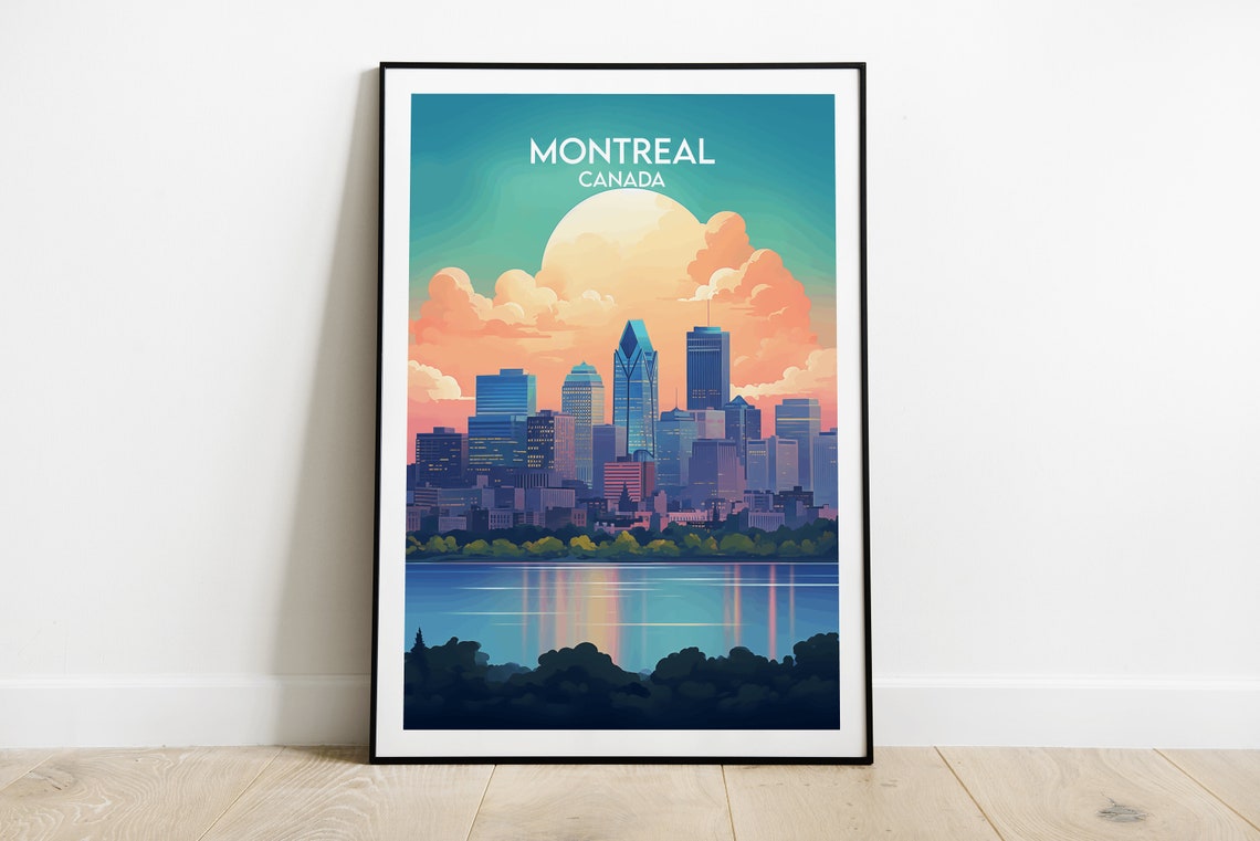 Montreal Canada Skyline River Sunset Retro Vintage Travel Poster