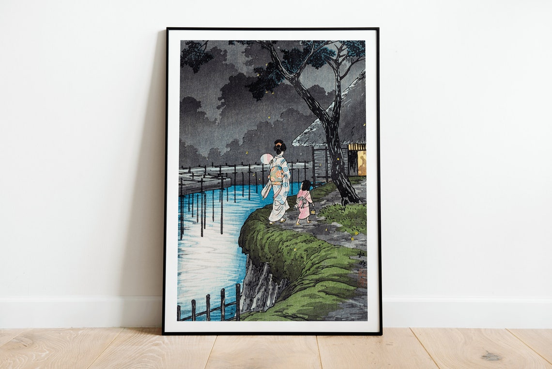 Japanese Evening Woodblock Woman Child Moonlit River Art Poster