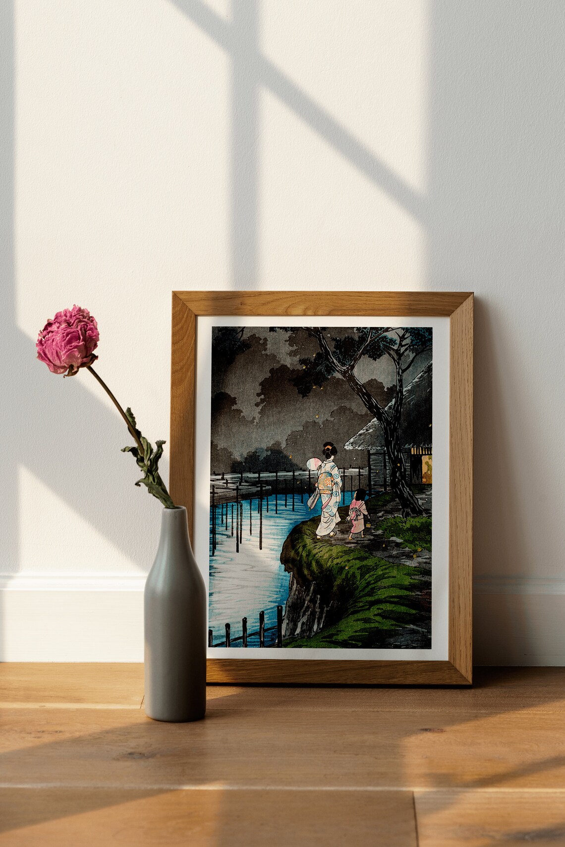Japanese Evening Woodblock Woman Child Moonlit River Art Poster - Image 4
