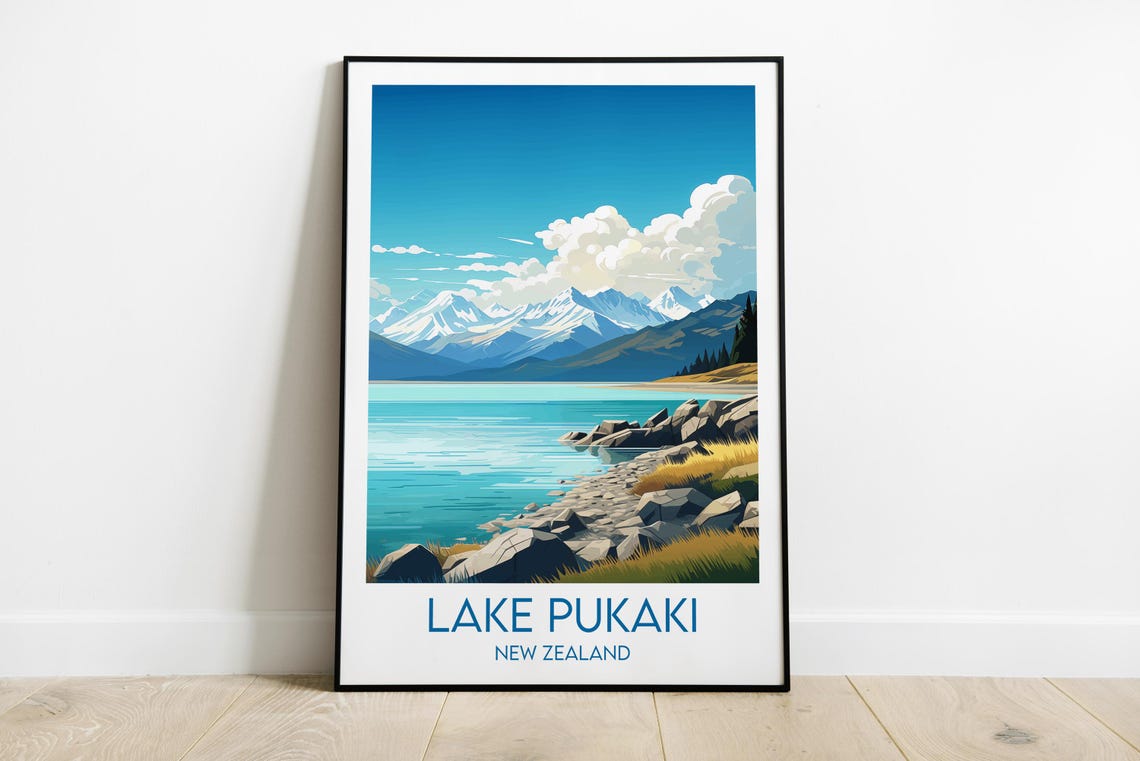 Lake Pukaki New Zealand Rocky Shore Alpine Snowcap View Poster