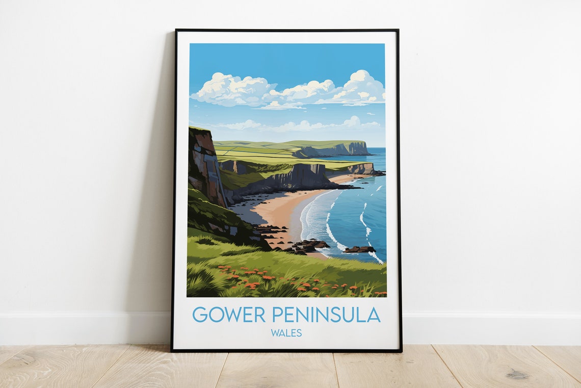 Gower Peninsula Wales Dramatic Cliffs Green Coast Travel Poster
