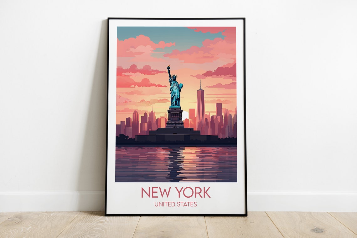 New York Lady Liberty Sunset Reflection Manhattan Travel Poster