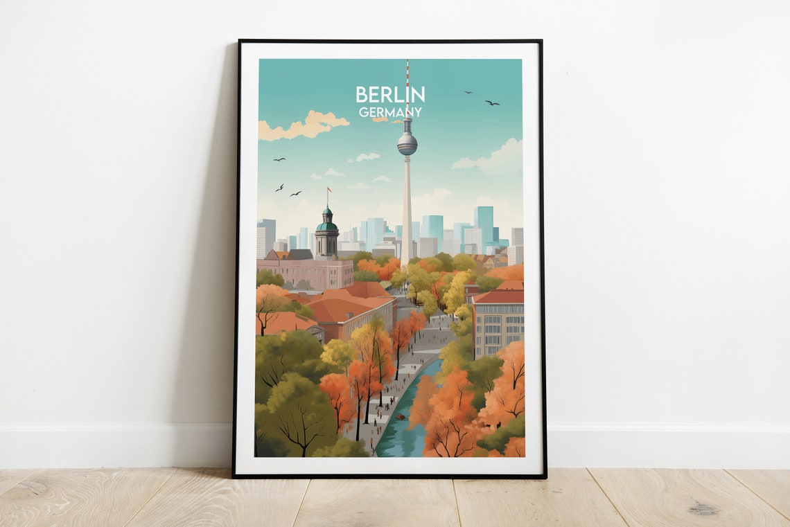 Berlin Germany TV Tower Autumn Skyline Vintage Travel Poster